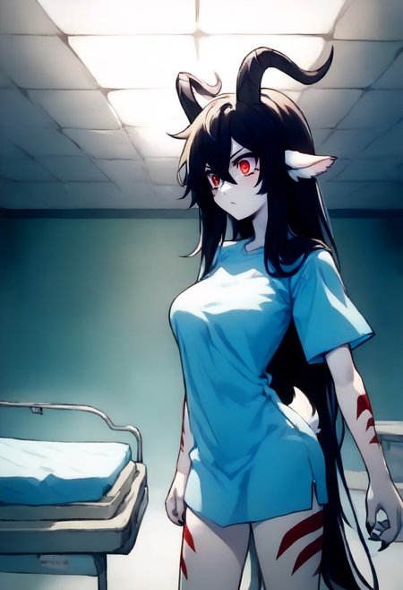 score_9, score_8_up, score_7_up, source_anime,  uncensored, <lora:Viper_Risen-000014:1>, v1p3r1seV6, BREAK, 1 girl, solo, monster girl, 18 years old, 160 cm tall, sickly pale skin, bright red eyes, circles under the eyes, goat horns, black horns, ash-black hair, long hair, disheveled hair, medium breasts, claws, black arms, black legs, pale blue dirty surgical shirt, bright red stripes on shoulders and neck, hospital gown, girl standing near table, holding folder with documents, looking at folder, surprised look, serious expression, side view, modern hospital, abandoned hospital, night, dim light, dark corridor