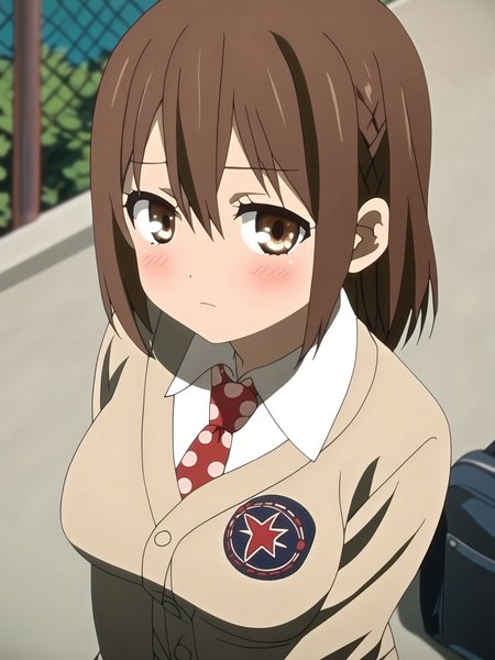 <lora:happy_tentacle-itoumegumi-v0.4-000010:1>, ht_itoumegumi, school uniform, cardigan, necktie, plump, medium breasts , upper body, 1girl, (petite:1.2), solo focus, blush, (looking at viewer:1.1), outdoors , , (depth of field:0.8), from above, <lora:Shed_The_Skin's StS_age_slider_v1_initial_release:-1>, score_9, score_8_up, score_7_up, score_6_up, score_5_up, score_4_up,