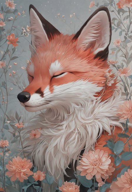 Score_9, score_8_up, score_7_up, score_6 
(dim lighting, light particles, highres, closed_mouth:1.4, absurdres) 
Fl0ralD0lls solo, closed eyes, flower, artist name, signature, no humans, animal, leaf, white flower, fox, sleeping, plant, red flower, pink flower, yellow flower, realistic, animal focus, orange fur, whiskers