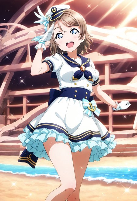 masterpiece, best quality, solo, 1girl, aged up, happy, medium breasts, 
 you_watanabe, watanabe_you, short hair, brown hair, blue eyes, swept bangs, sailor-themed idol outfit, navy and white dress, gold trim, anchor brooch, captain hat, seaside stage with crashing waves, sunlight glinting off the water, energetic salute pose, ocean breeze in her hair, cheerful and adventurous aura