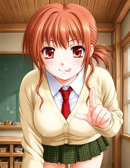 (1girl, solo:1.3), (2girls, 3girls, 4girls, multiple girls, 2boys, 3boys, 4boys, multiple boys:-1.5) <lora:Kazuyagi_Akane_Gore_Screaming_Show_Illustrious:0.9>, Kazuyagi_Akane, large breasts, red eyes, brown eyes, brown hair, long hair, low ponytail, school uniform, cardigan, long sleeves, white shirt, red necktie, pleated skirt, plaid skirt, checkered skirt, white legwear, smile, (tongue out:0.7), (half-closed eyes:0.7), general, contrapposto, dynamic pose, pointing at viewer, portrait, straight-on, pov, , (close-up, face focus:1.2), indoors, <lora:NOOB_EPSv1_1_detailer_by_vlnvk_v1_0:1.5>, (photo background:0.7), evening, (tachibana yuu:0.6), inue shinsuke, (kazuma muramasa:0.0), saikawa yusa, (aoi manabu:0.6), abarerumidori, (suzui narumi:0.6), masterpiece, newest, absurdres, 8K, anime screenshot, anime coloring, flat color, official art, film grain, <lora:illustriousXLv01_stabilizer_v1.185c:0.7>, <lora:LECO_Solo:-4.0>,