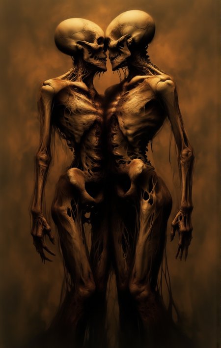 a hauntingly detailed and intricate depiction of a skeletal figure standing in front of another skeletal figure blending into each other. The figures appear to be melting or deforming with their bones and tissues intertwining and reshaping. a blend of warm and muted colors creating an eerie atmosphere <lora:- Flux1 De-Distilled - temp_haunting_cre_1.0-step00002400:1>