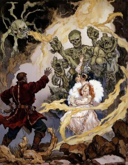 <lora:kochergin:1>, man dressed and woman princess  fighting with undead