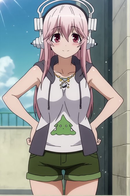 score_9, score_8_up, score_7_up,anime_source, source_anime, best background, detailed background, anime screencap,  Super Sonico, blush, hood, hoodie, shorts, sleeveless hoodie, light smile, solo, hands on hips, outdoors, sun, soft particles, full body, soft smile, <lora:JN_Super_Sonico:0.8>