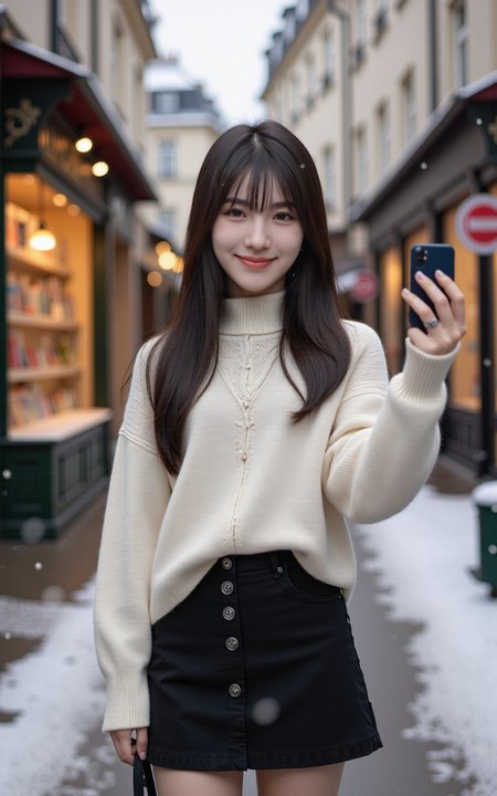 A 20-year-old girl in a white sweater and a black knee-length skirt holds a camera,taking a selfie on a snowy street in a small Parisian town. Behind her,a charming gift shop with a warmly lit display window adds a cozy atmosphere. Snowflakes gently fall around,creating a dreamy winter scene. The image is captured in an ultra-photorealistic style,with soft natural lighting,crisp details,and a cinematic depth of field. Her expression is natural and joyful,reflecting the serene beauty of the moment.,
<lora:baby-base-01-flux:0.8>,baby,long black hair,bangs,she has a slender physique and a petite build,