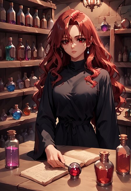 score_9, score_8_up, score_7_up, Expressiveh, masterpiece, source_anime, retro artstyle, Miia, red hair, red eyes, black robes, brewing a potion, working at an alchemist shop, fantasy, indoors, bottles, alchemist tools,