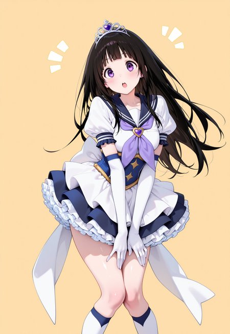 soft_skin,shiny_skin,,,masterpiece,extremely detailed,best quality,amazing quality,newest,absurdres,highres, 1girl , solo, chitanda eru, black hair, long hair, blunt bangs, purple eyes, tiara, serafuku, sailor_collar , puffy short sleeves, magical girl outfit, white gloves, elbow gloves, huge white back bow reaching knees, heartbrooch ,frilly miniskirt, Multiple layered petticoat,,   open mouth, knees together feet apart,standing, ,arms_at_sides