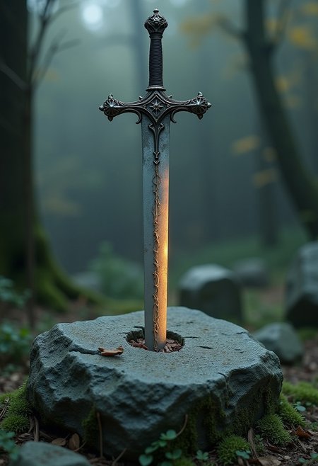 A detailed image of an enchanted medieval fantasy sword thrust into a large, clean boulder that serves as a gravestone. The sword is vertical, resembling a cross, with the blade driven in slightly more than halfway. The sword appears ancient, with a slightly glowing blade and intricate details on the hilt. The boulder is clean and solid, not covered in moss, and the grave is relatively new. The scene is somber and mystical, set in a quiet, slightly overgrown graveyard.