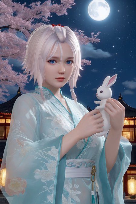 score_9,score_8,score_7_up,best quality,high detailed,
luna \(doa\), 1girl, solo, blue eyes,lavenderblush hair,(short hair with long locks, bangs pinned back, hair between eyes, sidelocks, white hair tie, small red hair bow, forehead,),
upper body,looking at viewer,
celestial beauty, flowing hanfu (traditional Chinese dress), silk robes, delicate embroidery (clouds, moon motifs), jade hairpins, ethereal glow, pale moonlight skin, graceful posture, floating ribbons, holding a white jade rabbit (Jade Rabbit / Yutu), standing on the Moon, translucent silk veil, melancholic yet serene expression.
crystal bridges over silver streams, glowing osmanthus trees (fragrant golden flowers), floating clouds, celestial mist, starry night sky, distant Earth view, soft bioluminescent light, dreamy atmosphere, traditional Chinese architecture (white jade pillars, curved roofs), magical realism, ultra-detailed, cinematic lighting, 8K, fantasy art.
 <lora:doa_luna_pdxl_v11:0.8000000000000002>