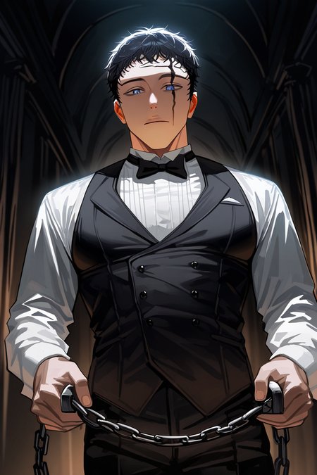 realistic shading, dimlighting, facial marked-male focus, expressive expressionless face, zenonbc, black_zenonbc_facial mark, black_zenonbc_short hair, blue eyes, 1boy, seductively looking down at viewer, staring, shiny skin, holding shackles, butler cosplay, waistcoat, cowboy shot, dark indoors hallway, bleak environment, dark environment, shadow, foreshortening, dynamic angle, dynamic action, intricately detailed illustration, cinematic, depth of field, atmospheric perspective, masterpiece, best quality, amazing quality, very aesthetic, absurdres, newest, selective coloring