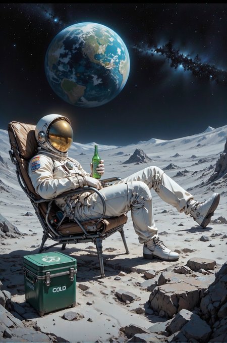 The image is a digitally created CGI scene depicting a lone astronaut relaxing on the Moon's surface. The astronaut, positioned in the foreground, is lying on a metallic chair, wearing a white spacesuit with a reflective gold visor covering their eyes. The spacesuit has various textures and seams, giving it a realistic appearance. The astronaut is holding a green bottle in their right hand, suggesting they might be enjoying a drink. Their left leg is propped up on a green, rectangular cooler box with white lettering that reads "COLD," implying it holds drinks or other chilled items.
The background features the vast, barren expanse of the Moon's surface, with its gray, rocky terrain and numerous craters. In the distance, the Earth is visible, partially illuminated by sunlight, showing its blue and green continents and white clouds. The Earth appears to be in the right half of the image, while the Moon's horizon is at the center. Above the Earth, the dark expanse of space is dotted with countless stars, creating a sense of vastness and isolation. To the right, a small, metallic ladder is leaning against the Moon's surface, suggesting a recent landing or exploration. The scene combines elements of realism and surrealism, creating a striking and imaginative depiction of space travel.
 <lora:DarksunRIDDV3:0.5> <lora:flux_hyperkraximalism-balanced:0.5> <lora:Midjourney_-_SemiReal_Dreams_FLUX_LoRA:0.5> <lora:CPA:0.5> <lora:Anime_realistic_v2:0.5> Realistic anime style <lora:BLUE_mk4_angel_FLUX_01:0.5>