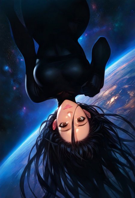 amano yoshitaka, 1girl, (dark dim dramatic atmosphere), 8k portrait of woman with super long black hair, upside down covered in black hair, brown eyes, intricate, highly detailed, dynamic angle, depth of field, sexy pose, detailed background, space, stars, starlight, digital painting, smooth, sharp focus, ((masterpiece, best quality)), 8k, intricate detail, cinematic lighting, amazing quality, amazing shading, Detailed Illustration, wallpaper, official art