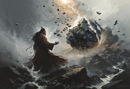 Charcoal and chalk drawings. Sketch. Create a close-up image of a powerful Elemental Master who controls the element of earth. (((whirlpool of stones, flying stones and sand: 1.4))). The image should show how he controls the mountains, the Lord of the Elements should stand on the top of the mountain with his hands raised up, as if he is commanding the forces of nature. Around him you can see flashes of magical energy and debris rising from the ground. The Overlord's clothing should be brown and green to match the earth element, and his eyes should shine with a bright light, symbolizing his magical power. The background should be majestic landscapes with mountains, rocks and forests, emphasizing the power and beauty of the earthly elements, Inspired by a scene from the movie "The Last Airbender", painting in the style of Anders Zorn, Alexi Brilo, Luisa Royo