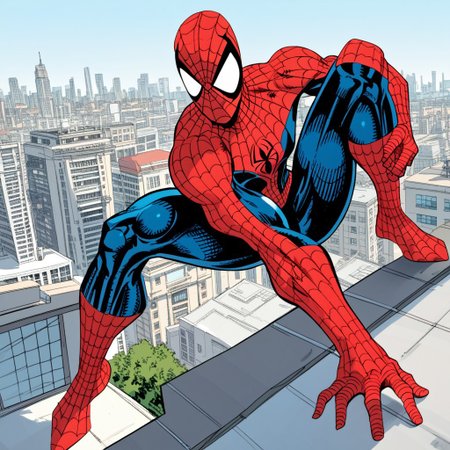 score_9,score_8_up,score_7_up,solo, 1boy, , spider-man,male focus, bodysuit, red bodysuit,  superhero,mask,skinny,rooftop,city skyline