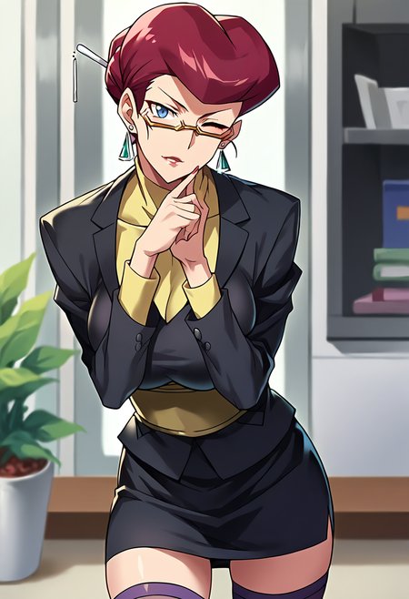 score_9, score_8_up, score_7_up, source_anime, masterpiece, 1girl, ct_sc4rlet, red hair, short hair, hair bun, hair stick, large breasts, semi-rimless eyewear, earrings, black uniform, black pencil skirt, underbust, long sleeves, purple thighhighs, cowboy shot, one eye closed, indoors, looking at viewer, hand on chin,