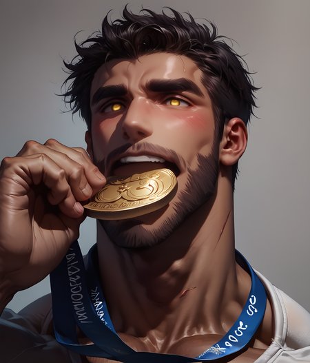 score_9, score_8_up, realistic, rating_questionable, bif,  black hair, grey eyes, thick eyebrows, forked eyebrows, scars on face, bangs, short hair, hair between eyes, messy hair,
<lora:olimedbitepxl:1> biting into Olympic medal, podium, olimedbitepxl
,glossy skin, 1 muscular male, bara, mature, male pubic hair, <lora:egg_leonard-04:.4><lora:style_Concept Art DarkSide Style LoRA_Pony XL v6:1>
