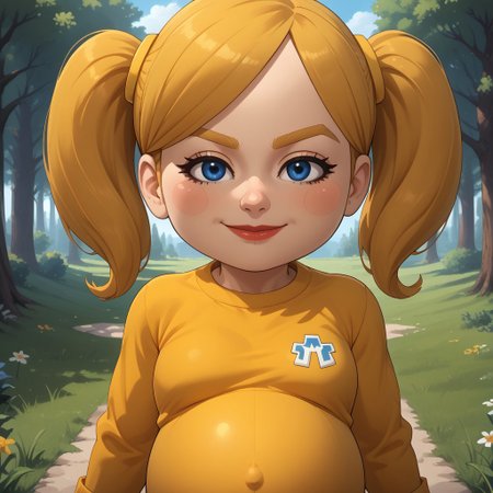 score_9, score_8, BREAK, solo, wii, mii, wii sports, 1girl, female mii, blue eyes, blush, blonde hair, blonde eyebrows, twintails, yellow clothing, white pants, sneakers, nintendo mii, modern_mii, classic_mii, pavika_\(\\oc_mii\\\), breasts, lips, (((pregnant))), adult female, mature female, sexy pose, self portrait, smile, outdoors, sunlight, shadows, evening lighting, natural lighting, forest, trees, grass, orange sky, sunset