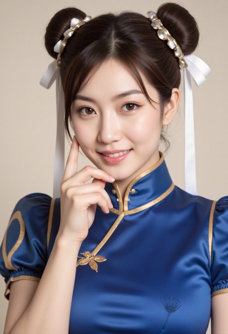 realistic, realism,photorealistic, professional photo,  4k photo,shot on kodak,A hyper-realistic side-face photograph captures a beautiful young woman, Chunli, in a half-length portrait against a light background.      The ultra-realistic close-up focuses on her upper body. Her lustrous black thick hair is styled in twin buns adorned with white ribbons.  Her delicate features include thin, willow leaf-shaped eyebrows and large, bright eyes. A small, lovely nose complements her reserved smile, which reveals glimpses of her white, even teeth.  One of her slender fingers was gracefully pressed against her chin.  She was wearing a classic blue smooth cheongsam with golden trim decorations, looking even more elegant.   an warm color scheme depicted with high definition and natural lighting.    The portrait shows complex detail and super detailed, fine, realistic skin texture.natural skin texture,detailed skin pore,  Golden Ratio Composition,<lora:FLUX\Character\F.1 Chun-Li_1.0.safetensors:0.6500000000000001:1.0> <lora:FLUX\Character\Chun-Li_Classic_V1.0.safetensors:0.4300000000000001:1.0>