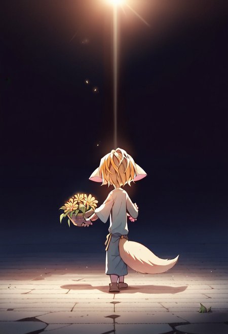 score_9, score_8_up, score_7_up, BREAK source_anime , 
paige,solo,furry,tail,child,kid,
holding basket full of vibrant, hand-picked flowers walks through a field of swaying grass and blossoms. The late afternoon sun bathes the scene in a soft orange glow, but she is lit by a radiant beam of golden light breaking through the fluffy clouds above. Behind her, scattered wooden houses with curling chimney smoke sit snugly in the hills, and a flock of birds cuts across the sky, their wings catching the sunlight.