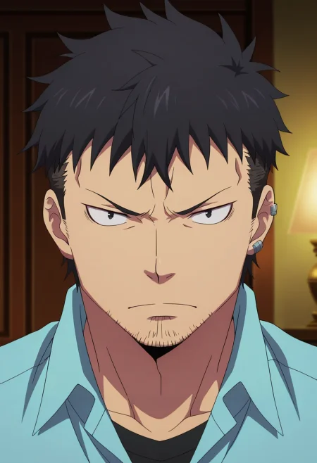 masterpiece, best quality, intricate details, anime screencap, anime coloring, , looking at viewer, , 1boy, solo, male focus, <lora:ryuuji_suguro_ilxl:0.9>, ryuuji_suguro, black hair, black eyes, short hair, , facial hair, stubble, , ,