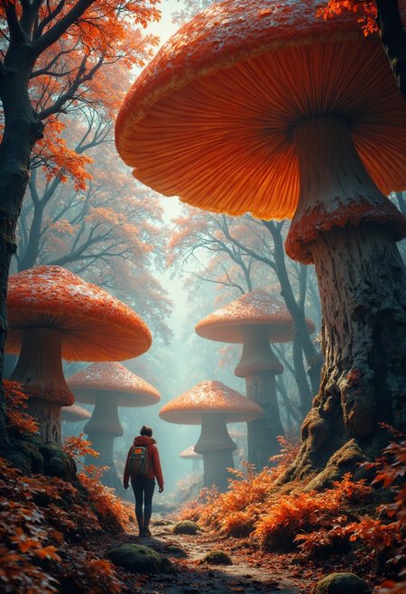 A fantasy landscape featuring an enchanted forest filled with massive, oversized red mushrooms with realistic textures and glowing edges. The forest floor is covered in vibrant autumn foliage and soft moss. Sunlight filters through a gentle mist, casting warm golden beams across the scene. A lone adventurer, a small human figure with a backpack, walks down a narrow forest path, emphasizing the scale of the gigantic mushrooms. The atmosphere is whimsical, magical, and dreamlike, with a surreal balance of realism and fantasy elements. Soft focus in the background enhances the depth and otherworldly feel