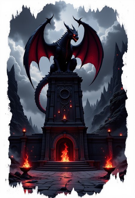 A dark fantasy concept art of an ancient dragon shrine. A massive black dragon with glowing red eyes perches on a towering stone pillar, surrounded by swirling magical runes. The shrine is built from ancient, weathered stone with intricate carvings glowing faintly in the dim light. The background features a misty, ominous landscape with jagged cliffs and a crimson-hued sky. Flames flicker from enchanted braziers, casting eerie shadows. The image is framed in an artistic cutout style, with a white background, making it appear as though the shrine emerges from the page.