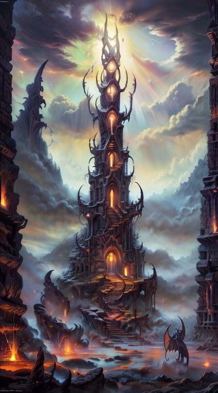 Masterwork Painting, Magnum Opus, 
HDR photo of 
Dreamscape, 
ethereal fantasy concept art of  
 <lora:Wizard_Tower-10:0.75> witow, castle, cloud, cloudy sky, grass, no humans, scenery, sky, tower, tree, 
 <lora:locon_conceptlightning_v1_from_v1_64_32:1> lghtnngprsn, lightning, storm 
<lora:Hell2_v1.0:0.8> demonic, creatures, fire, city, creepy, lava, volcano, castle,
. magnificent, celestial, ethereal, painterly, epic, majestic, magical, fantasy art, cover art, dreamy,
. Surreal, ethereal, dreamy, mysterious, fantasy, highly detailed,
. High dynamic range, vivid, rich details, clear shadows and highlights, realistic, intense, enhanced contrast, highly detailed,
  highres, 8k, uhd, High Dynamic Range, tonemapping, crisp details,  intricate details, fine details