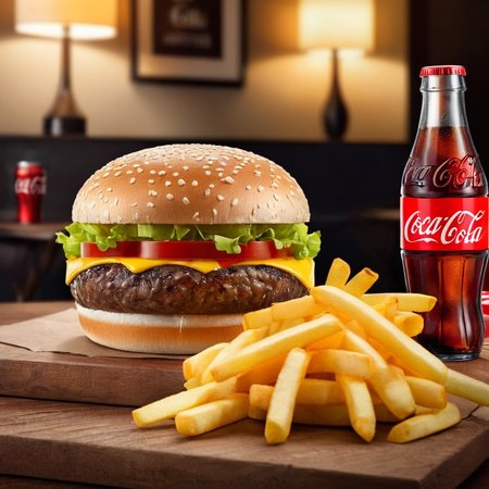 Advertising poster style,  <lora:Advertising:1.5>
A creative photo of  a hamburger and fries and coca cola are on a table advertising style, Professional, modern, product-focused, commercial, eye-catching, highly detailed