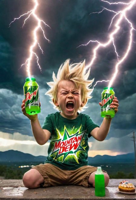 A young boy is holding a 2 liter of Mountain Dew soda pop in one hand and a cake in the other hand. He is going super saiyan and beams of light are shooting out of his eyes as he screams at the sky. The background is stormy with dramatic bolts of lightning and candy:1.4 falling from the sky