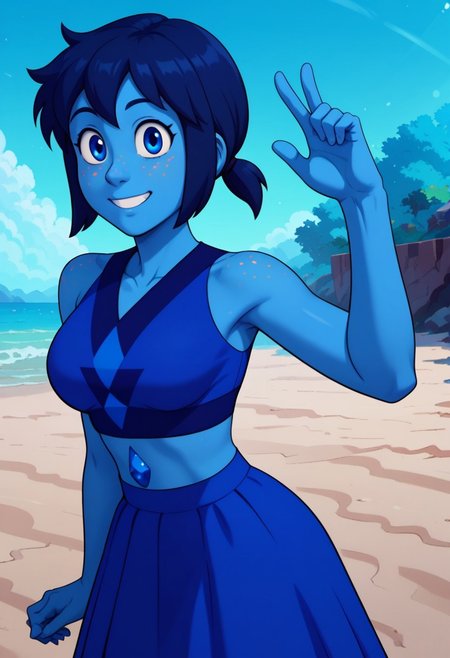 ((bedroom background)),score_9, score_8_up, score_7_up,score_6_up, 
1girl, Solo, NiceLapis_SUF, azure skin, golden freckles, dark blue eyes, dark blue hair, short hair, hairstyle low ponytail, gemstone on her navel, blue top with dark blue details, long blue skirt, barefoot, big eyes, tall stature, social smile, sexy face, close-up, cowboyshot, perfect eyes, perfect smile, looking at the viewer, big breasts, detailed eyes, perfect eyes, cute, standing, head on, front pose