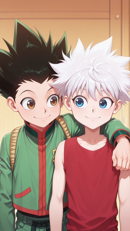 masterpiece, best quality, absurdres, amazing quality,   <lora:shoulder-to-shoulder:0.6> shoulder-to-shoulder, arm around the shoulder,, 2boys,  <lora:IlluGon:1> illugon, black hair, green hair, spiked hair, brown eyes, green jacket,  <lora:IlluKillua:1> illukillua, white hair, blue eyes, smile, looking at another, red tank top,