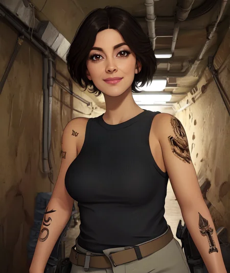 Valeria,black hair,short hair,brown eyes,shoulder tattoo,
black shirt,sleeveless,belt,pants,
standing,upper body,smile,
underground bunker,military,
(insanely detailed, beautiful detailed face, masterpiece, best quality)solo,<lora:Valeria-10CODv8:0.8>,