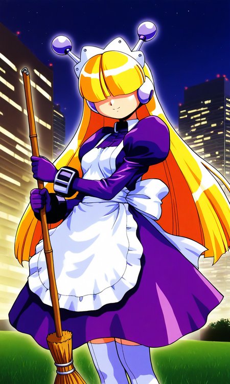 general,highres, ultra-detailed,very aesthetic,best quality ,best hands, BREAK <lora:Tesse_Lombrozo_WakuWaku7_Ver2.1_IS:1>
Tesse_Lombrozo, 1girl, solo, very long hair, blonde hair, hair over eyes, robot ears, maid headdress, small breasts,
maid, purple dress, long sleeves, puffy sleeves, white apron, hime cut, maid apron, 
bangs, juliet sleeves, thighhighs, mary janes, android, shoes, purple gloves,
broom, hold,
cowboy_Shot, light smile,
grass, sky, night, building, light,