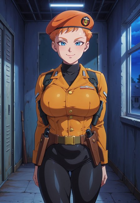 dbstyle, masterpiece, best quality, hyper-Detailed, 1female, solo ((female, fair skin, toned body, orange short hair, pixie hair, blue detailed eyes, big round breasts, muscular tighs)), ((wearing orange military beret, black turtleneck bodysuit with long sleeves, black militar vest with holsters, black tight pants, black legs holsters)), looking at the viewer, smiling, standing with hands behind her body, standing with hands behind body and chin raised, inside a military barracks, night
