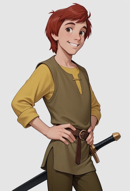 masterpiece, absurdres, high quality, perfect anatomy, 1boy, solo, cute boy, male focus, Taran, Red Hair, Brown Eyes, Green Vest, Long Sleeve Yellow Shirt, Green Pants, Sword in sheath, sheath, hands on hips, smiling, portrait, cinematic, intricately detailed illustration, depth of field, masterpiece, best quality, amazing quality, very aesthetic, absurdres, newest, very awa,  shadow, dynamic angle, casual cosplay, dynamic pose, simple background,