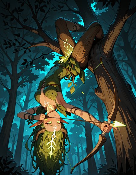 dryad-naturethemev1, elvenforestworld,pointed ears, leaf armoured dress,(branch body:1.25), leaf hair, dryad, nature, (bark skin, bark, wooden skin:1.25), long hair, horns, wood, leaf, green hair, upside-down,dense trees,dark, night,branch between thighs,(arched back),(from below),bark hand,bark fingers, looking at bow,arrow between fingers,green glowing eye,green glow arrowhead,monster girl,from the side, asymmetrical
,1girl, hanging with her thighs from a tree branch,(aiming,holding bow (weapon),bow (weapon), drawing bow), tree tops,pulled bowstring,(arrow shaft under neck),obscured face
.masterpiece, best quality, amazing quality, very aesthetic, absurdres, newest, (volumetric lighting),HDR,4K
, <lora:illustrious_quality_modifiers_masterpieces_v1:0.25> <lora:illustrious_very_aesthetic_v1:0.5> <lora:illustrious_best_quality_v1:0.25>  <lora:upside down filter [IL]:0.25> <lora:Elven_forest_world_illustrious:0.4> <lora:Dryad-NatureThemeV1IL:0.25>