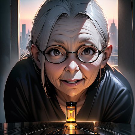 (graphic novel style, dark novel style:1.5),(anime), (masterpiece:1.4), (soft cinematic light:1.1), incredibly lifelike, Extremely high-resolution details, 8k, best quality,extremely detailed, contrast,
high tech design,
 gallery of contemporary art, inside, portrait old woman against the backdrop of a giant floor-to-ceiling window, through which one can see a city landscape with skyscrapers and a sunset , open mouth, one portrait ((elderly)) woman in a ((black long dress)) and black high-heeled shoes, elderly, old woman, [Nordic], Hourglass elongated body, Oval Face, Long neck, Rounded shoulders, long slim thin arms, Attached Pointed ears, round forehead, (gray Updo short combed back hair), snub nose, Arched eyebrows, Monolid black Eyes, High Round Narrow cheekbones, Hollow Cheeks, Rounded Chin, Rounded Jawline, thin Lips, (black eyes), (square glasses), (Wrinkles),