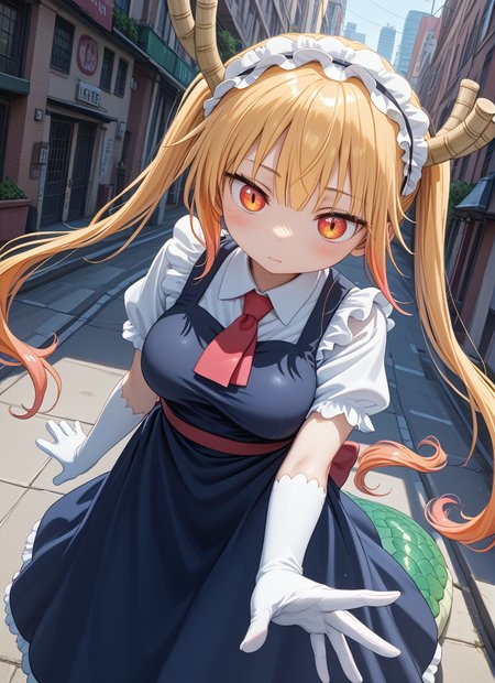score_9,score_8_up,score_7_up,source_anime BREAK prefect lighting,very aesthetic,prefect hands,best quality,
intricate details,highly detailed background,(masterpiece:0.9),high quality,lustrous_skin,skindentation,(zPDXL3),
ultra delicate hair,
face_detail,
skin_detail,<lora:cfg_scale_boost:0.5>,
lustrous_skin,skindentation,
shiny skin,
<lora:Tohru_Pony:1>,Tohru_(Maidragon),
orange_eyes,slit_pupils,blonde_hair,long_hair,gradient_hair,twintails,large_breasts,dragon_girl,dragon_horns,(dragon_tail:1.1),maid_headdress,blue_dress,red_necktie,puffy_short_sleeves,white_gloves,elbow_gloves,collared_shirt,frills,
masterpiece,best quality,score_9,score_8_up,score_7_up,ultra-detailed,Best-A,Medium-B,Low-C,Bad-D,
cute,light_blush,city,street,dynamic_angle,flustered,from_above,hands_on_hips,