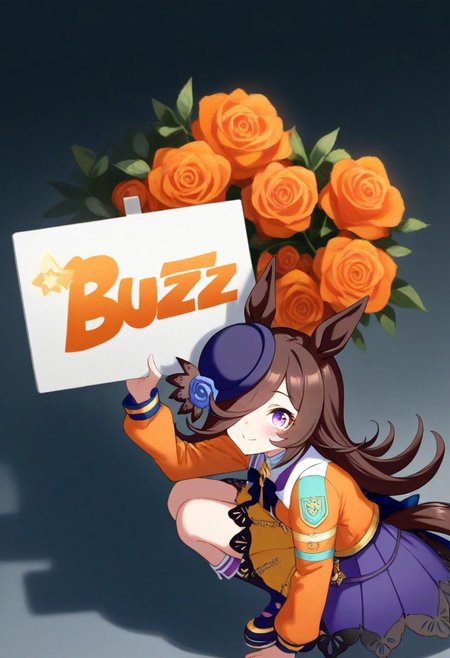 (umamusume,rice_shower_(umamusume),) 1girl,  long_hair, long_sleeves,, solo,  (need_buzz, buzz, need_buzz, holding sign, holding sign ), 
, blood orange style,from side, 
orange flower, orange jacket, orange rose, 
(animal_ears, blue_skirt, brown_hair, flower, hair_over_one_eye, hat, horse_ears, horse_girl, horse_tail, jacket, long_hair, looking_at_viewer, purple_eyes, purple_hat, rose,  skindentation, skirt, smile, solo, standing, tail,  
linea_alba,squatting, looking at viewer,  tilted_headwear, shaded face, fake smile, nervous sweat, wavy mouth, , very awa,  :0.8)