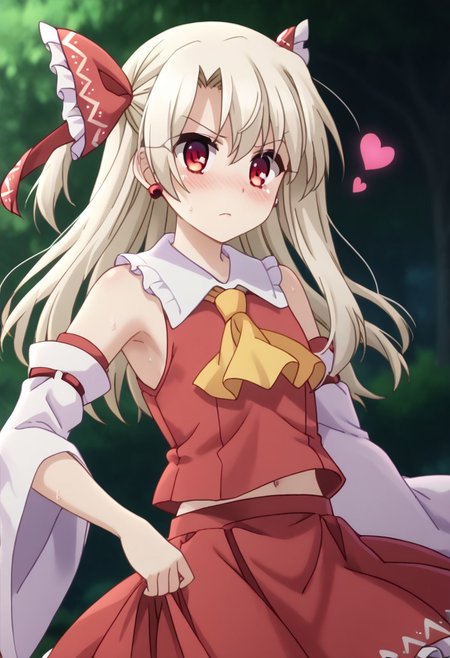 score_9, score_8_up, score_7_up , source_anime, intricate details, masterpiece, high quality, prefect hands, best quality , solo , 1girl  , anime screencap, <lora:tweak-detail-xl:1> <lora:DetailedEyes_V3:1>, white hair , long hair, red eyes, illya, female child , <lora:DetailedEyes_V3:1> <lora:tweak-detail-xl:1> <lora:illya.pony:1> ,armpit ,sweating 
<lora:hakurei-reimu-cosplay-ponyxl-lora-nochekaiser_r1:1>, hakureireimucosplay, hakurei reimu \(cosplay\), ascot, bare shoulders, detached sleeves, frilled bow, frilled shirt collar, frilled skirt, frills, midriff peek, red skirt, red shirt, sleeveless, sleeveless shirt, white sleeves, yellow ascot,