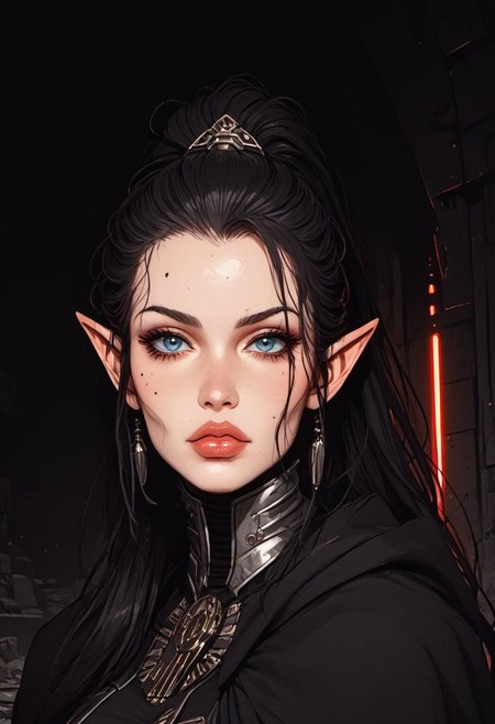 score_9, score_8_up, score_8, ((full-body portrait)), Science Fiction, Star Wars, perfecteyes, ultra detailed, high resolution, high quality, masterpiece, intricate details, intricate body, intricate landscape, knva, Expressiveh, European Instagram Model, upper body shot, low light, dungeon, ruins, green glow, black background, ard3nSW
BREAK
1girl, source_cartoon, mature female, Elf, pointed ears, beautiful, 30 years old, yvraine, long hair, jewelry, very long hair, ponytail, earrings, pointy ears, <lora:Darth Revan PONY v1.0:1>, (mole above lips, mole under eye), 7-darthrevan, 1girl, beautiful, (black hair), messy hair, blue eyes, pale skin, full lips, french, black cloak, armor, belt, skirt, boots, looking at viewer,