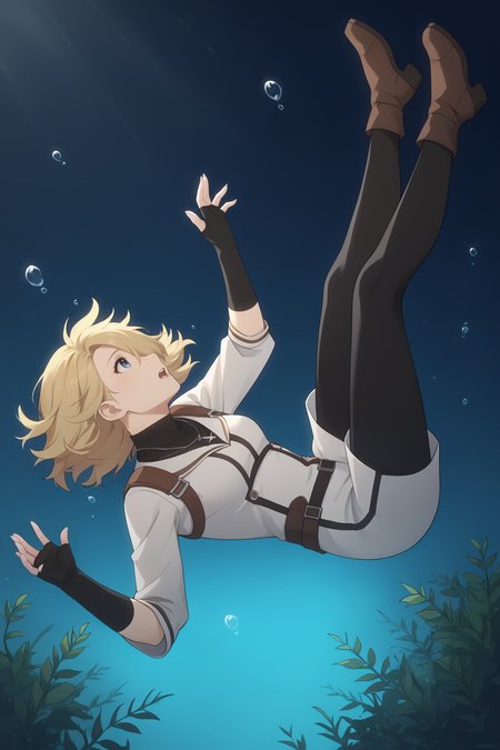 score_9, score_8_up, score_7_up, best quality, masterpiece, 4k, very aesthetic, source_anime, 1girl, white robe with blue accents, long blonde hair, blue eye, open mouth, panicking, (falling:1.3), from the side, sinking, underwater, side view, official art, solo focus, looking up, full body, absurdres, night sky, seaweed, light_rays, looking up, black legwear, bracer, tall brown boots, fingerless gloves, cross necklace, outstretched arm, hair over one eye, profile, floating hair, <lora:Grimgar_Style:.6> grimfd,  <lora:falling_pony:1> best_falling
