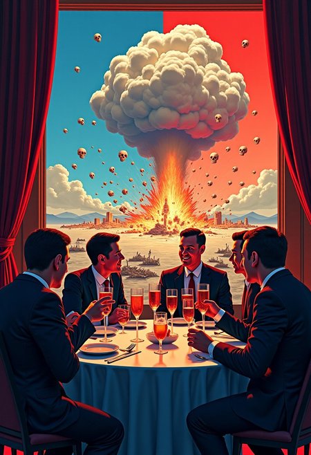 Graphic novel style, (blue_red political party), on poster of, Campaign ad mural of shrapnel explosion, shards flying (huge_skulls) dropping bones across a barren landscape, professional, austere, village of ruins, world of destruction seen through window of living room during sumptuous_exquisite dinner party, champagne cocktails in hands of party guests, raise a toast to good health, group chatting joyously