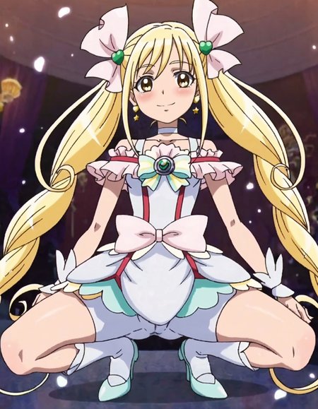 score_9, score_8_up, score_7_up,anime screencap,1girl,solo,cureecho, white choker, waist bow, choker, pink bow,  smile, magical girl, hair ornament, ribbon, jewelry, skirt,wrist cuffs,  hair ribbon, looking at viewer, dress, bike shorts under skirt, frills, brooch, heart,medium breasts,blush,squattingãcameltoe<lora:cureecho:0.8>
