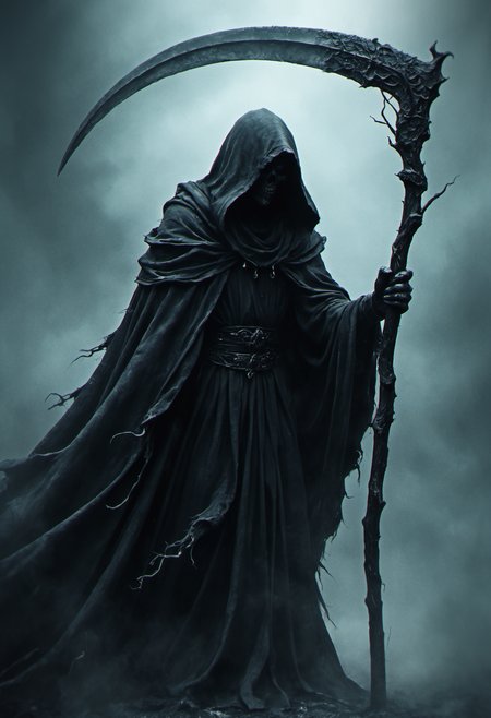 Dark fantasy oil painting, eerie and atmospheric with a soft, diffused light source casting faint shadows, a hooded figure stands ominously, face obscured in darkness, skeletal hands gripping a gnarled, ancient scythe, the blade tarnished and jagged, the long, tattered black cloak billowing slightly as if stirred by an unseen wind, surrounding the figure is a dense, misty fog, swirling with a ghostly blue-grey hue, the background fades into an indistinct void, enhancing the sense of foreboding, textures of decaying fabric and weathered wood contrast with the smoothness of the cloak's folds.