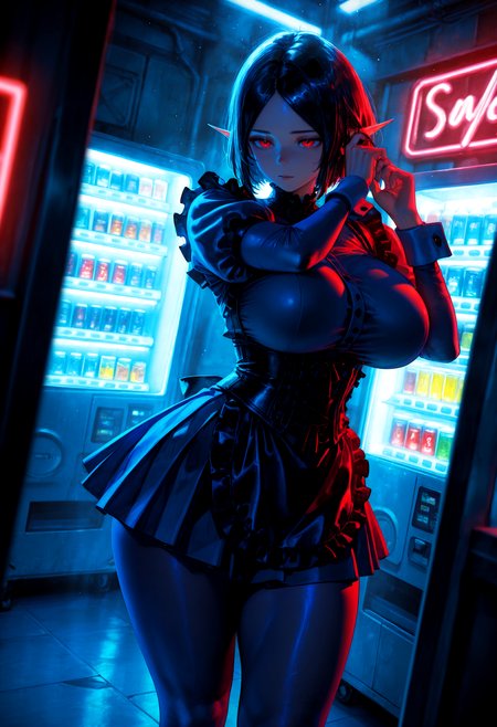 HDR, 8K, high contrast, masterpiece, best quality, amazing quality, very aesthetic, superabsurd res, high resolution, ultra-detailed, absurdres, newest, scenery, (horikoshi kouhei:0.3), (quasarcake:0.3), (wlop:0.3), light rays, chiaroscuro, dynamic angle, close up, aote_mirai, dark skin, 1girl, dark elf, pointy ears, red eyes, short hair, parted bangs, bob cut, black hair, huge breasts, (thick thighs:1.3), wide hips, dark blue dress, maid, short skirt, pleated skirt, corset, frills, black apron, wrist cuffs, puffy sleeves, pantyhose, standing , fixing hair, neon lights, cyberpunk, shop, vending machine, fog, partially illuminated, (backlighting), Intricately designed, Mysterious, BREAK, photorealistic, beautiful detailed eyes, detailed skin, detailed hair, volumetric lighting, dappled light, light particles, dramatic shadows, cinematic lighting, depth of field, <lora:ponyxl\cfg_scale_boost:0.8> <lora:IL\KMS_AOTE_Mirai_IL-000007:0.8>