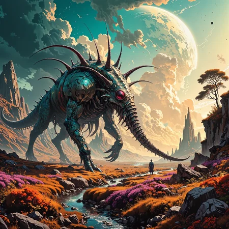 ethereal and extraordinary scenery on a distant world, creature focus, movie poster style, very aesthetic, harmonising colors, golden ratio, extremely detailed, 8k, 4k, ultra-high-resolution, famous artwork inspired by hollow knight and casey baugh and alan lee and justin sweet, dramatic scene, fractal art, dynamic angle, depicted is the "spindly sandwup," a gigantic blongspivelled primeval herbivore, with his extremely long neck and barbed tail roaming the lush flower-covered grasslands of planet "morbenth vi" under a tempestuous sky, this gigantic creature, marked with colorful striking patterns has no ripturbined enemies, despite his elminstered nature, four-legged, four legs, sunset orange and burgundy and eggshell white and deep teal and night blue, ovg, style of rembrandt, <lora:style-oil_painting-flux-by_leporello:0.4> <lora:style-rembrandt-flux-by_tangbohu:0.72> <lora:style-fantastic_landscapes-flux-by_artifyai:0.44>