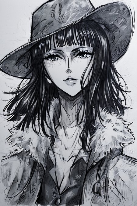 score_9, score_8_up, score_7_up, score_6_up, score_5_up, score_4_up <lora:Nico_Robin_pretimeskip_many_outfit:0.5> nico robin, black hair, blunt bangs, dark-skinned female, tan , white cowboy hat, crop top, white fur-trimmed coat, white coat, purple mini-skirt,<lora:drawing_style_pony:1>, drawing_style, drawing, sketch, 1girl, looking at the viewer, solo, alone, lines drawing, monochrome, greyscale, masterpiece, highres
