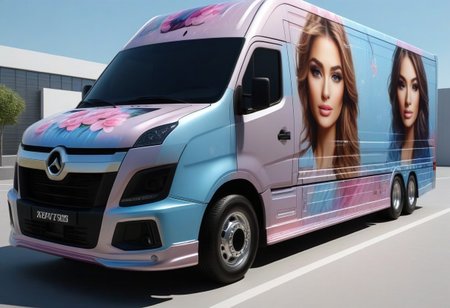 truck, complete truck visible, score_9, score_8_up, score_7_up, score_6_up, score_5_up, score_4_up, UHD, 8K, masterpiece, detailed, ultra_high_resolution, lots of detail, OverallDetailXL, detailxl, lapping car,print car,painted car style, vehicle focus, four pictures of female faces on the truck.
