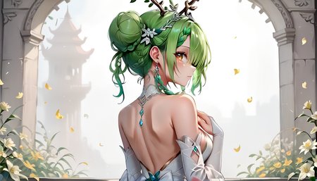 score_9,score_8_up,score_7_up,score_6_up,score_5_up,score_4_up,source_anime,perfect eyes,<lora:Ceres_Fauna_Hololive_pony:0.7>,ceres_fauna_hololive,<lora:Anime_Style_For_Pony:0.5>,<lora:loraeyesxl:0.9>,1girl,antlers,back,back bow,back focus,back ribbon,bare shoulders,bow,braid,bridal gauntlets,deer antlers,detached sleeves,earrings,flower on head,green hair,hair bun,hair over eyes,hand on own chest,horns,jewelry,looking at viewer,looking back,median furrow,petal on head,side braids,sideboob,single hair bun,solo,tiara,virtual youtuber,wedding dress,white bridal gauntlets,white dress,white theme,yellow eyes,